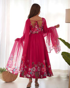 Women Floral Printed Organza Silk Flared Anarkali Kurta Set