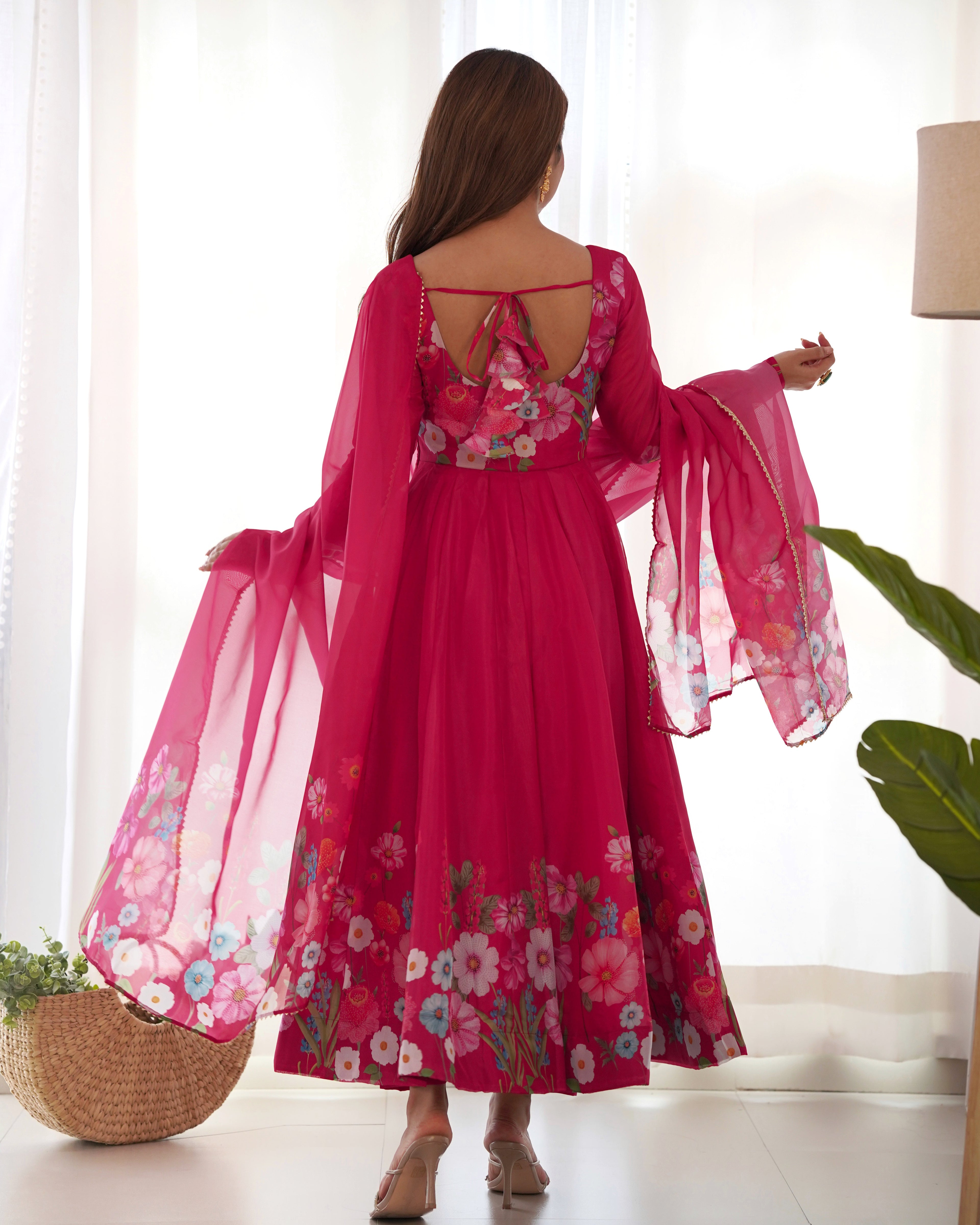 Women Floral Printed Organza Silk Flared Anarkali Kurta Set