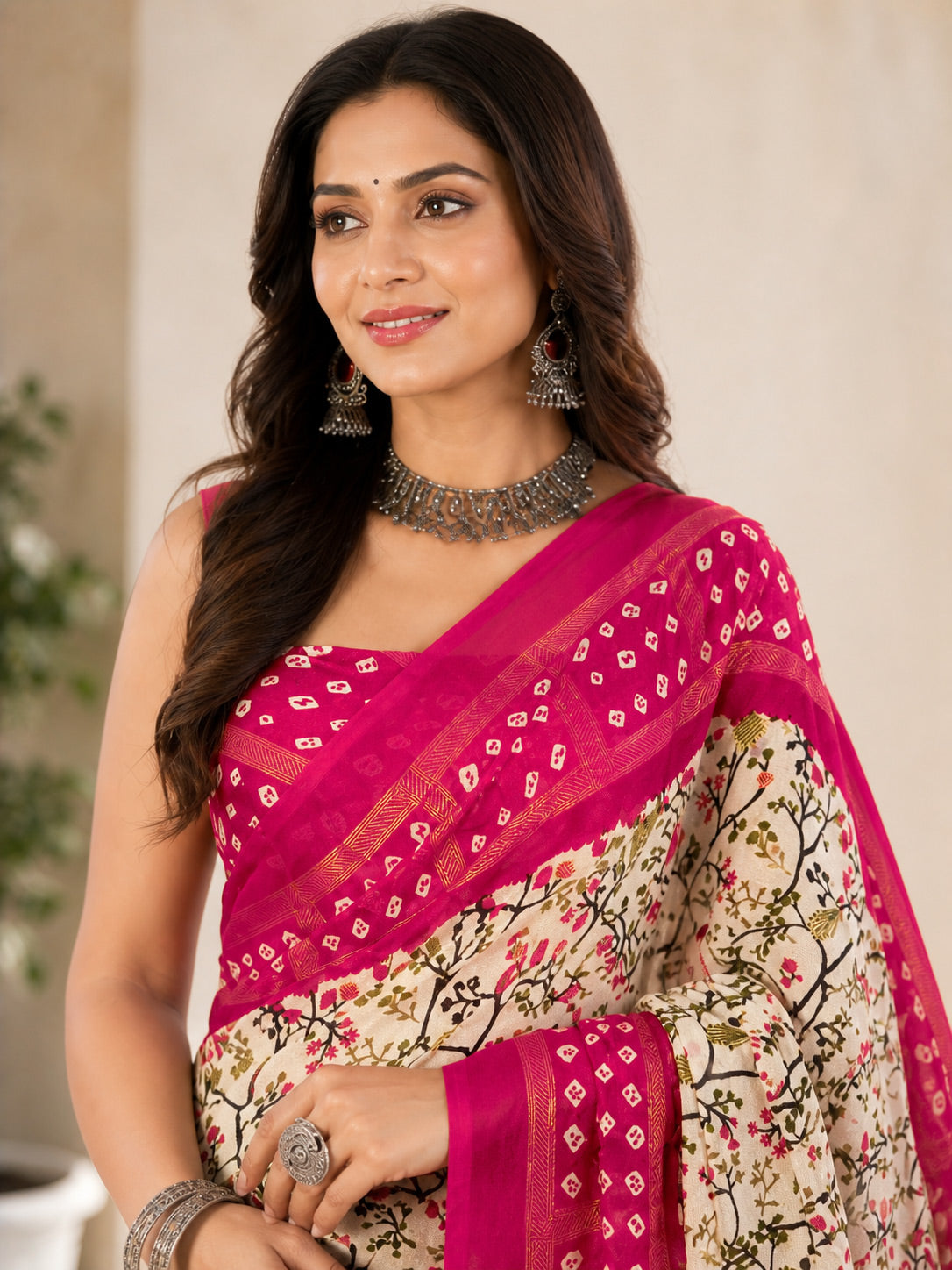 Women Printed Moss Chiffon Saree with Zari Border