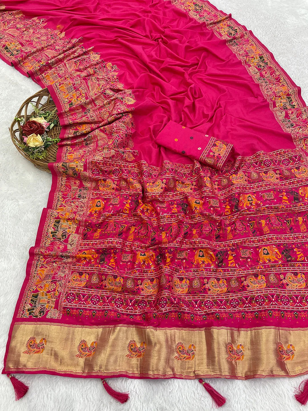 Floral Printed Woven Zari Pashmina Saree
