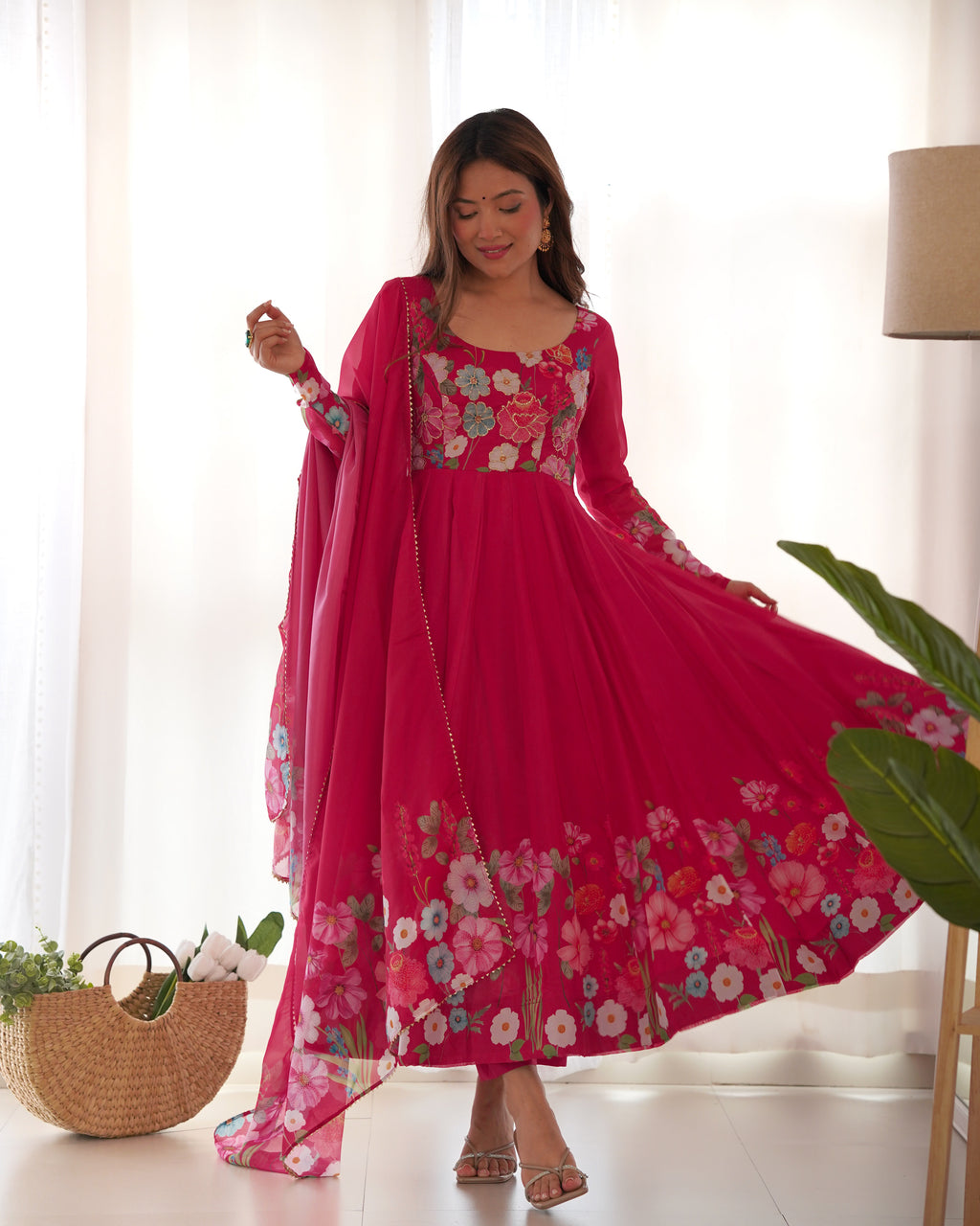 Women Floral Printed Organza Silk Flared Anarkali Kurta Set