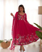 Women Floral Printed Organza Silk Flared Anarkali Kurta Set