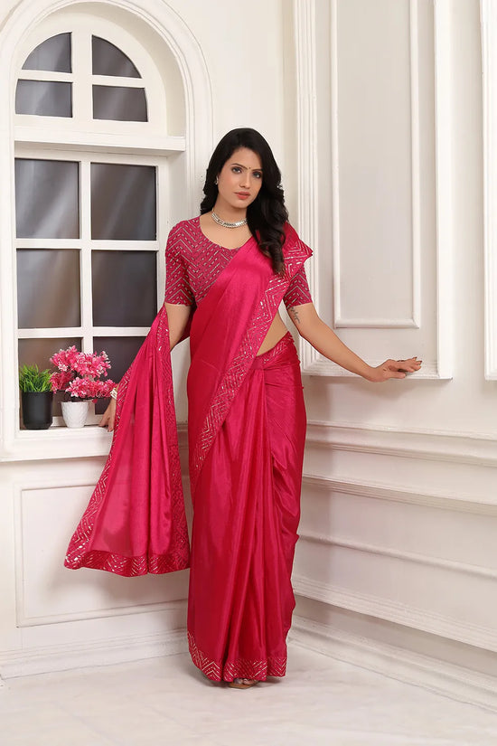 Pionex Ready To Wear Chinon Solid Saree With Embroidered Border