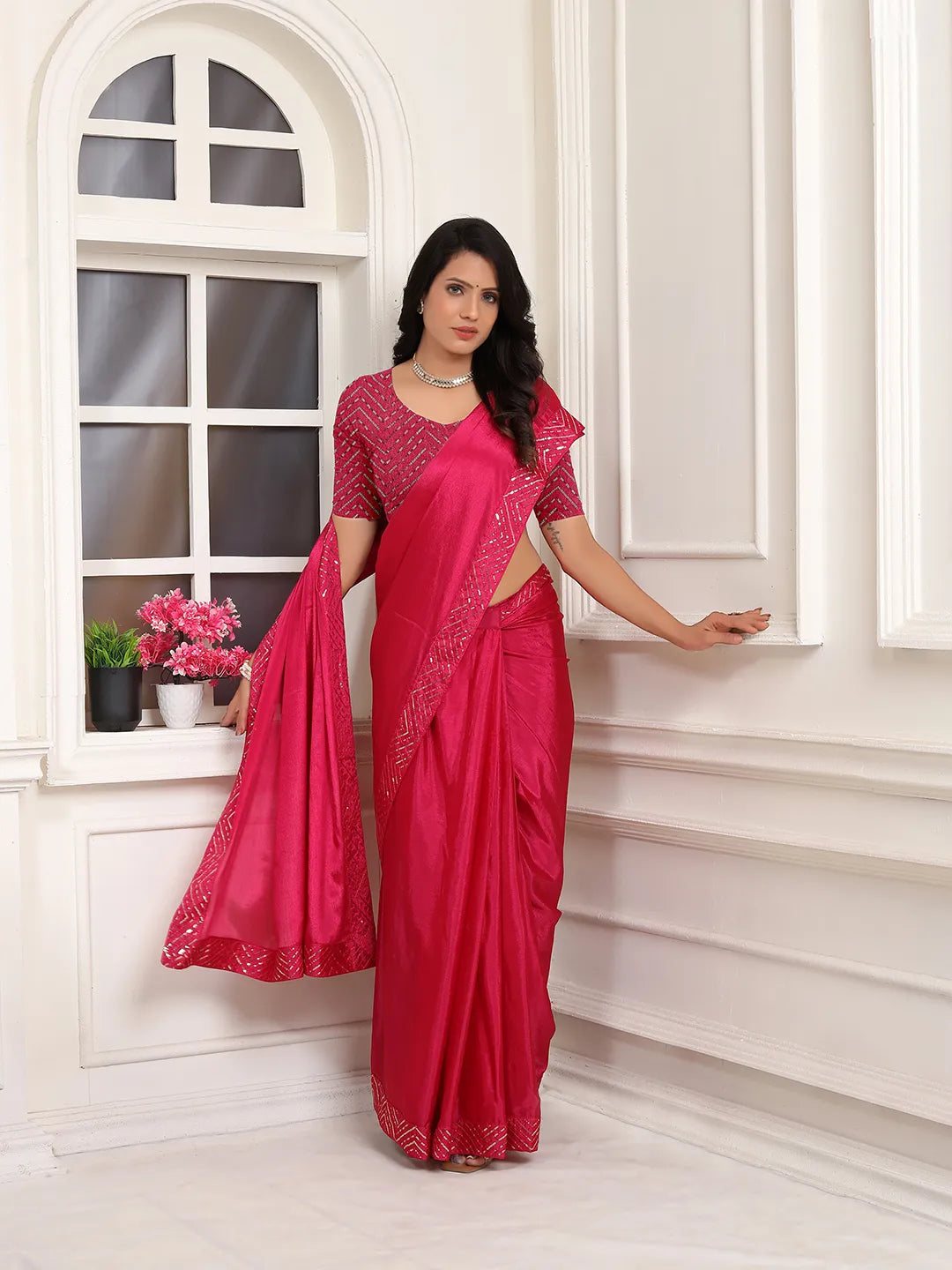 Pionex Ready To Wear Chinon Solid Saree With Embroidered Border