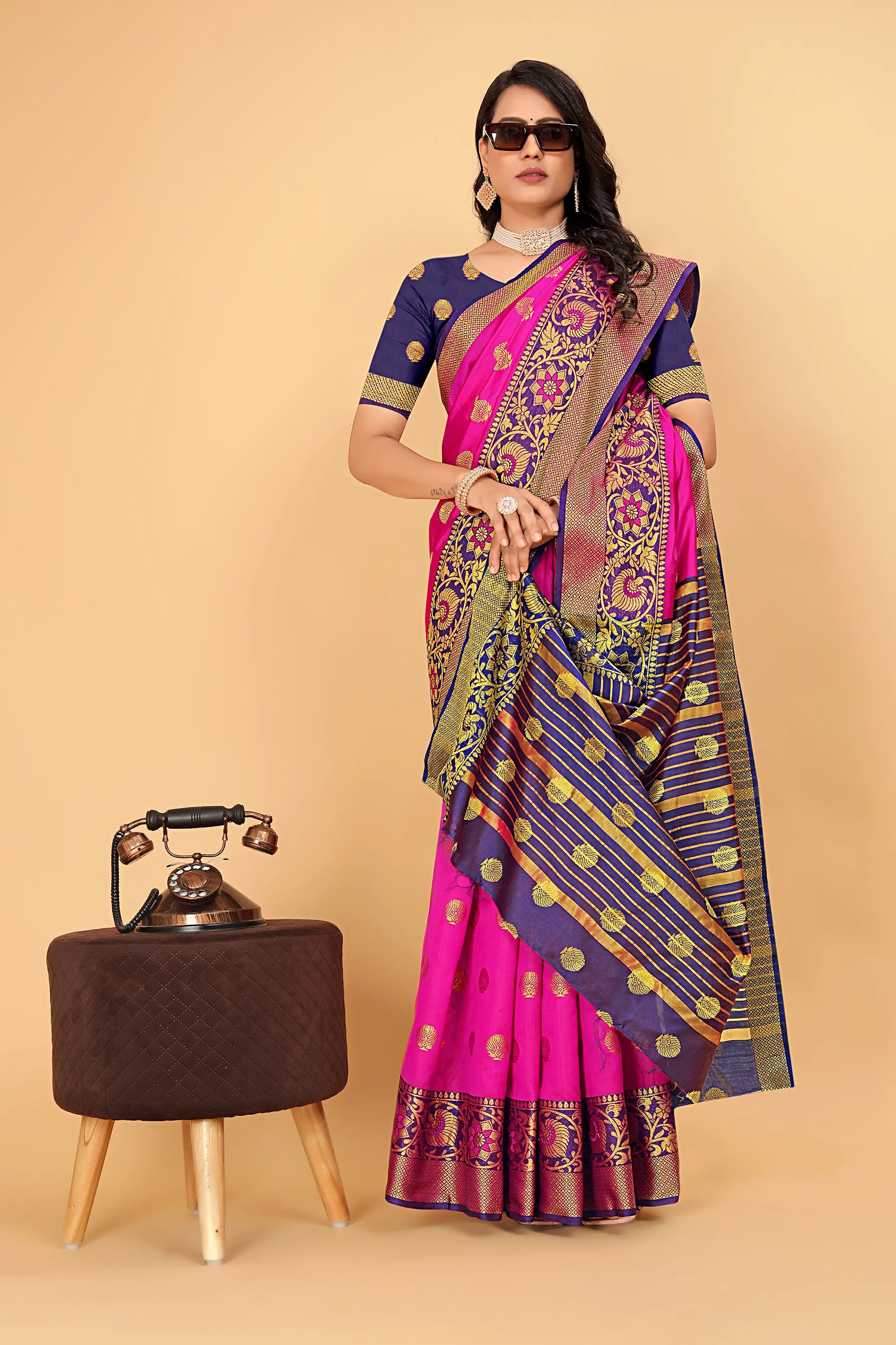 Pionex Woven Katan Kanjivaram Soft Lichi Silk Sarees