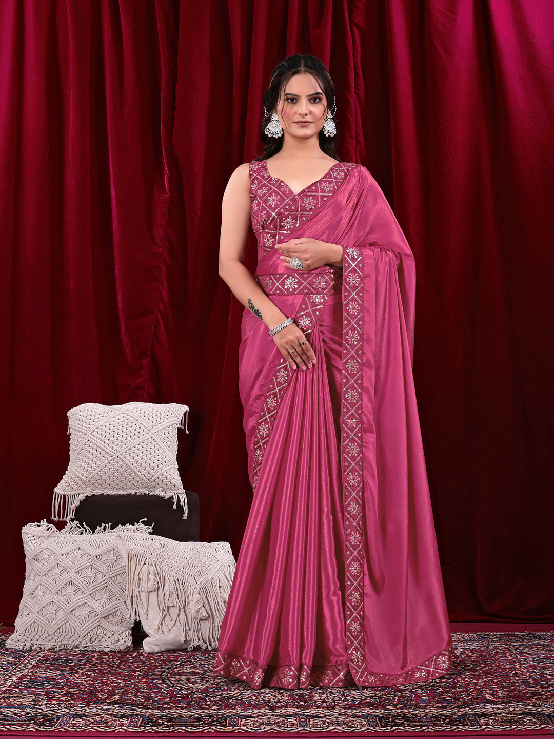 Chinon Solid Saree with Embroidered Lace Border