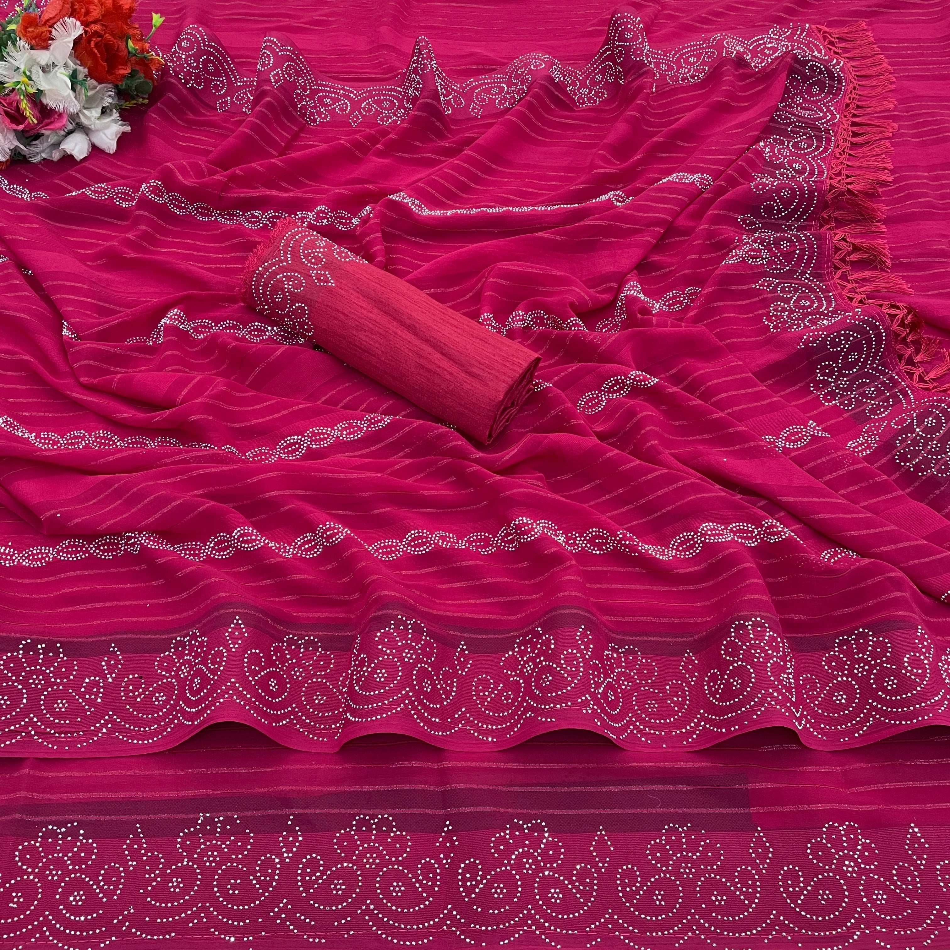 Georgette  Siroski Diamond Work Saree With Tassel