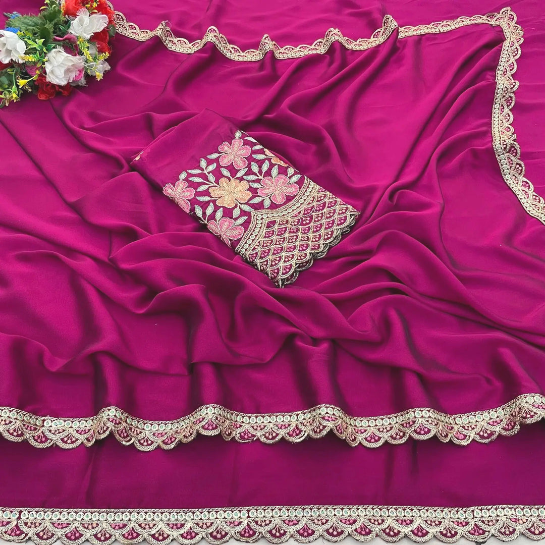 Chinon Saree with Decorative Embroidered Border And Blouse