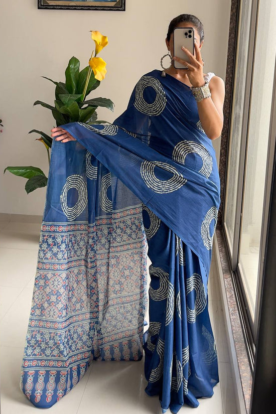 Ajrakh Bandhej Printed Mulmul Cotton Saree for Woman
