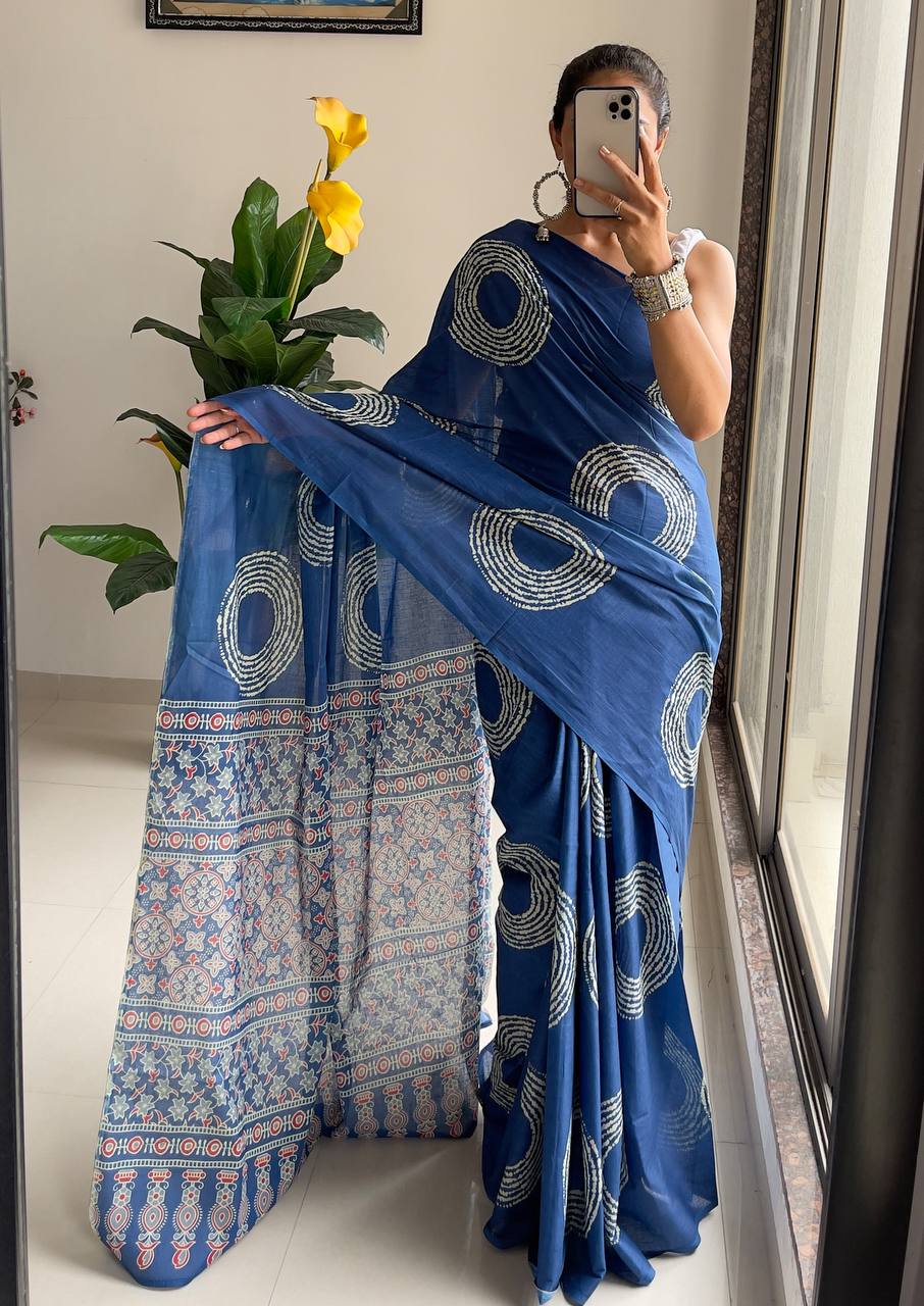 Ajrakh Bandhej Printed Mulmul Cotton Saree for Woman