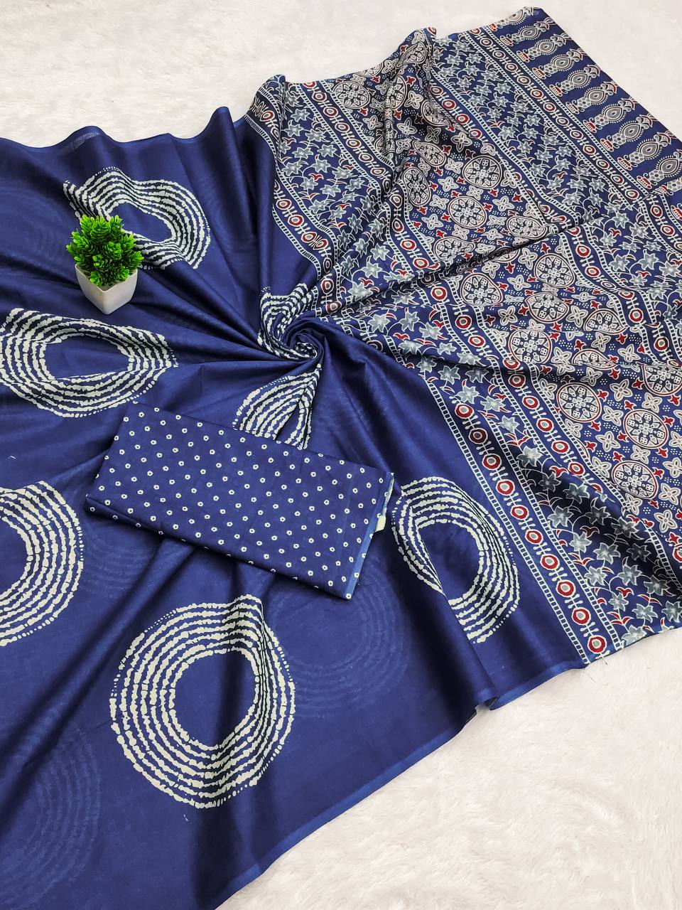 Ajrakh Bandhej Printed Mulmul Cotton Saree for Woman