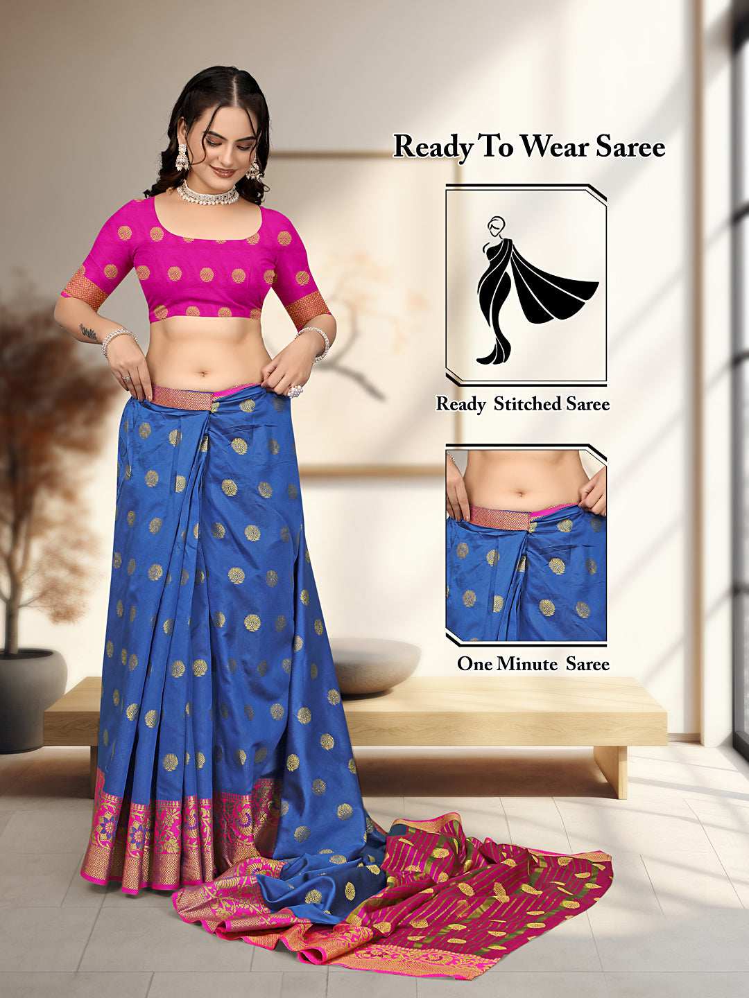 Ready To Wear Cotton Silk Woven Zari Jacquard Banarasi Traditional Saree