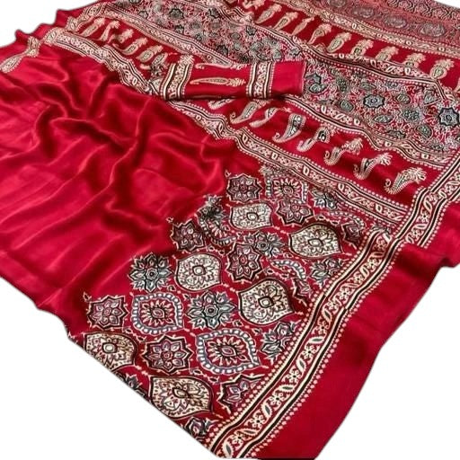 Soft Modal Silk Natural Ajrakh Printed Saree with Unstitched Blouse - Pionex Fab