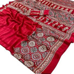 Soft Modal Silk Natural Ajrakh Printed Saree with Unstitched Blouse - Pionex Fab