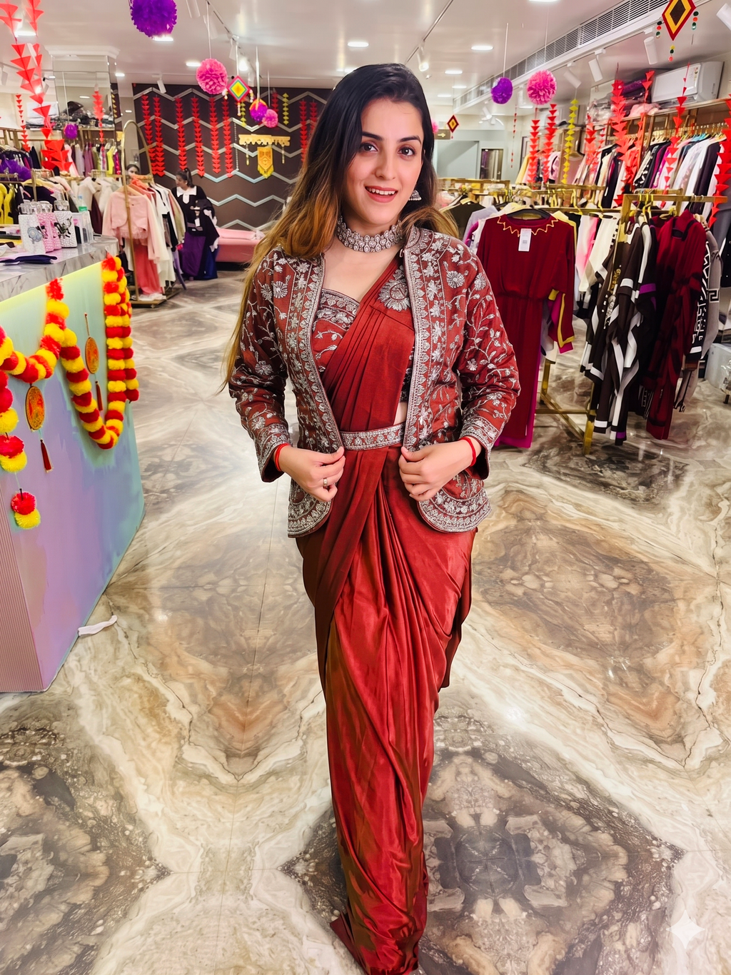 Trendy Indo-Western Ready-to-Wear Crepe Saree with Heavy Embroidered Koti & Stitched Blouse