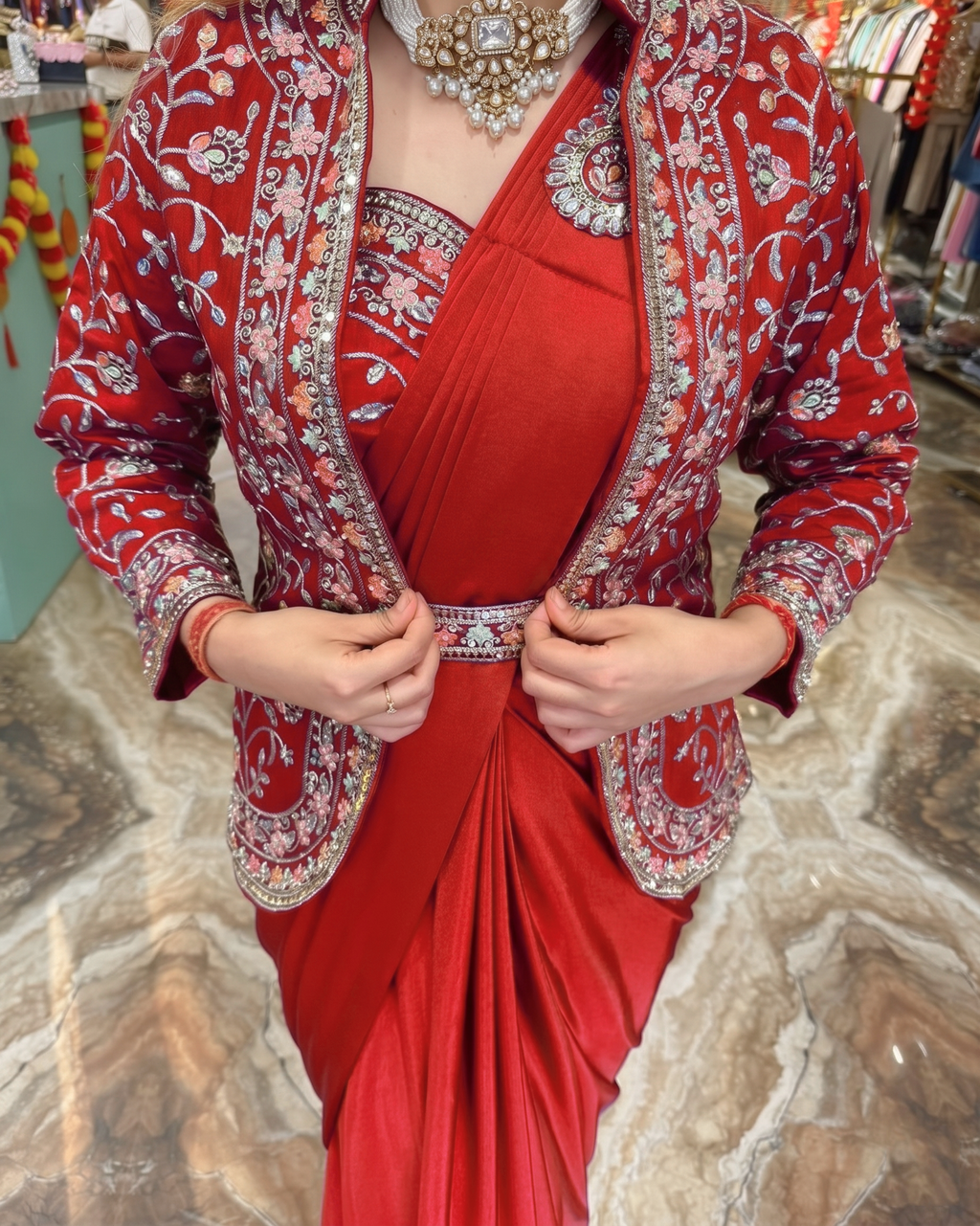 Trendy Indo-Western Ready-to-Wear Crepe Saree with Heavy Embroidered Koti & Stitched Blouse