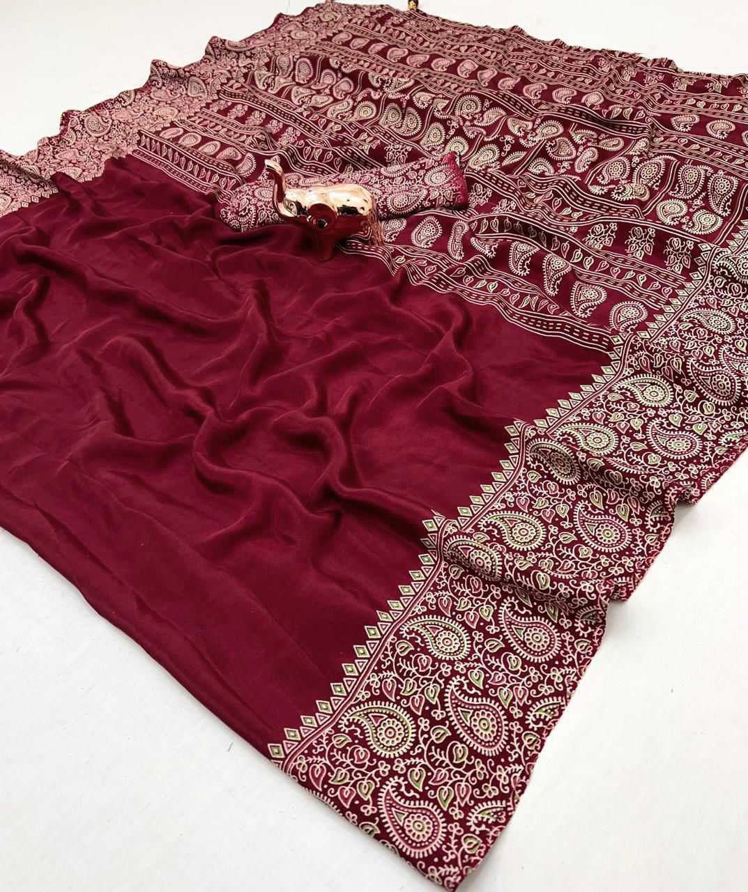 Soft Modal Silk Natural Ajrakh Printed Saree with Unstitched Blouse