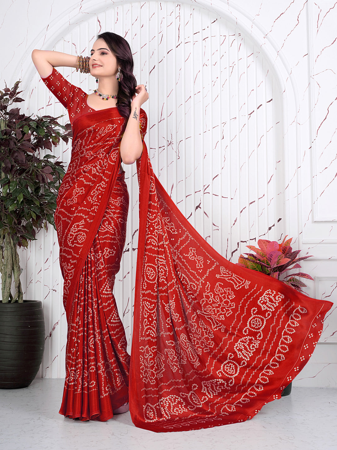 Bandhani Printed Satin Silk Saree for Party Look