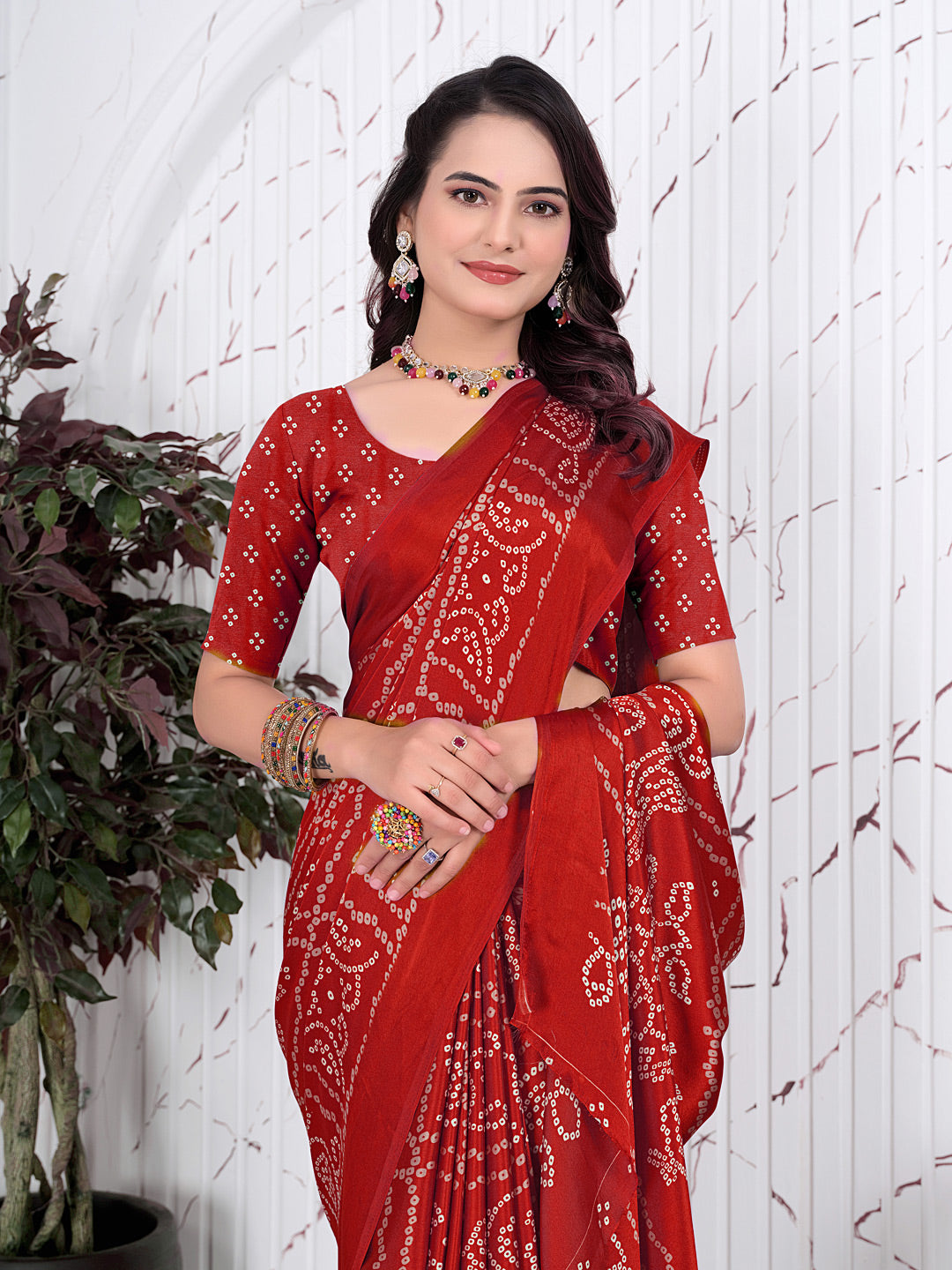 Bandhani Printed Satin Silk Saree for Party Look