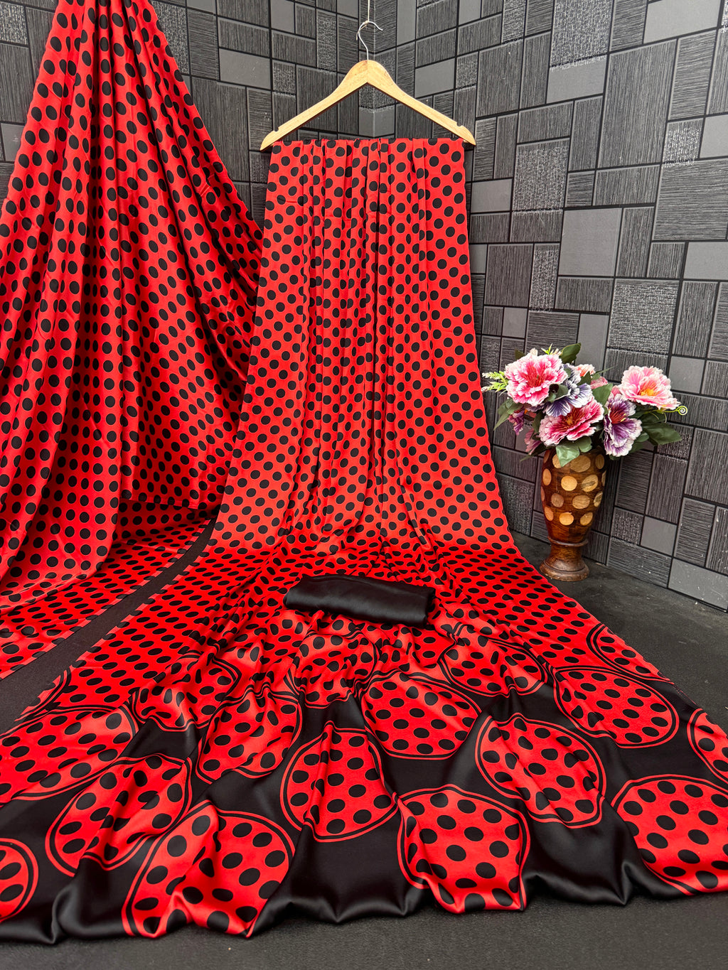 Polka Dot Printed Satin Silk Saree with Smooth Glossy Finish