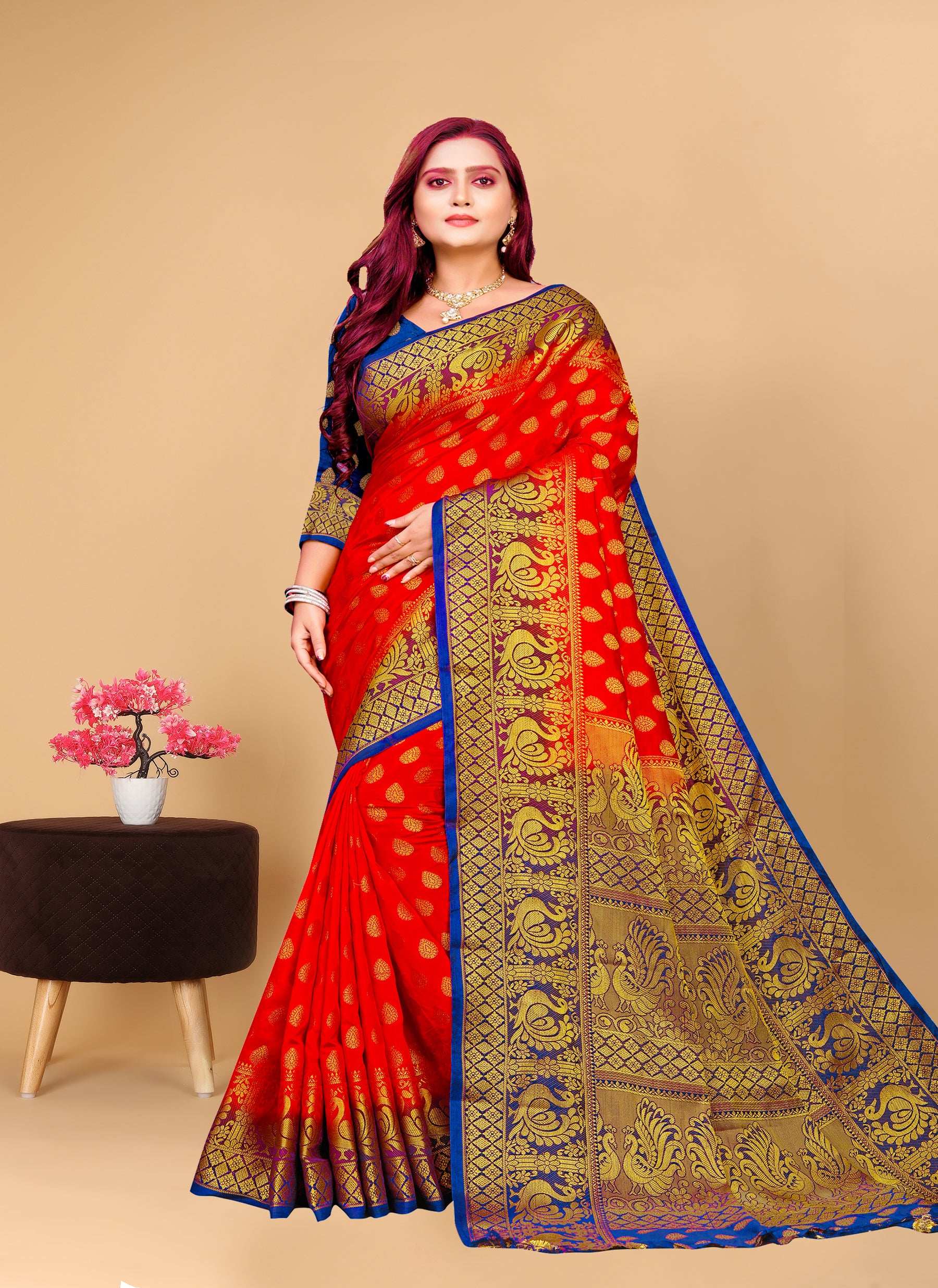 Pionex Woven Kanjivaram Banarasi Jacquard Nylon Silk Sarees