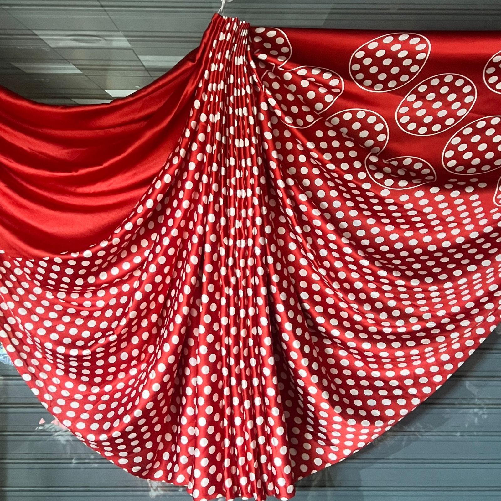 Polka Dot Printed Satin Silk Saree with Smooth Glossy Finish