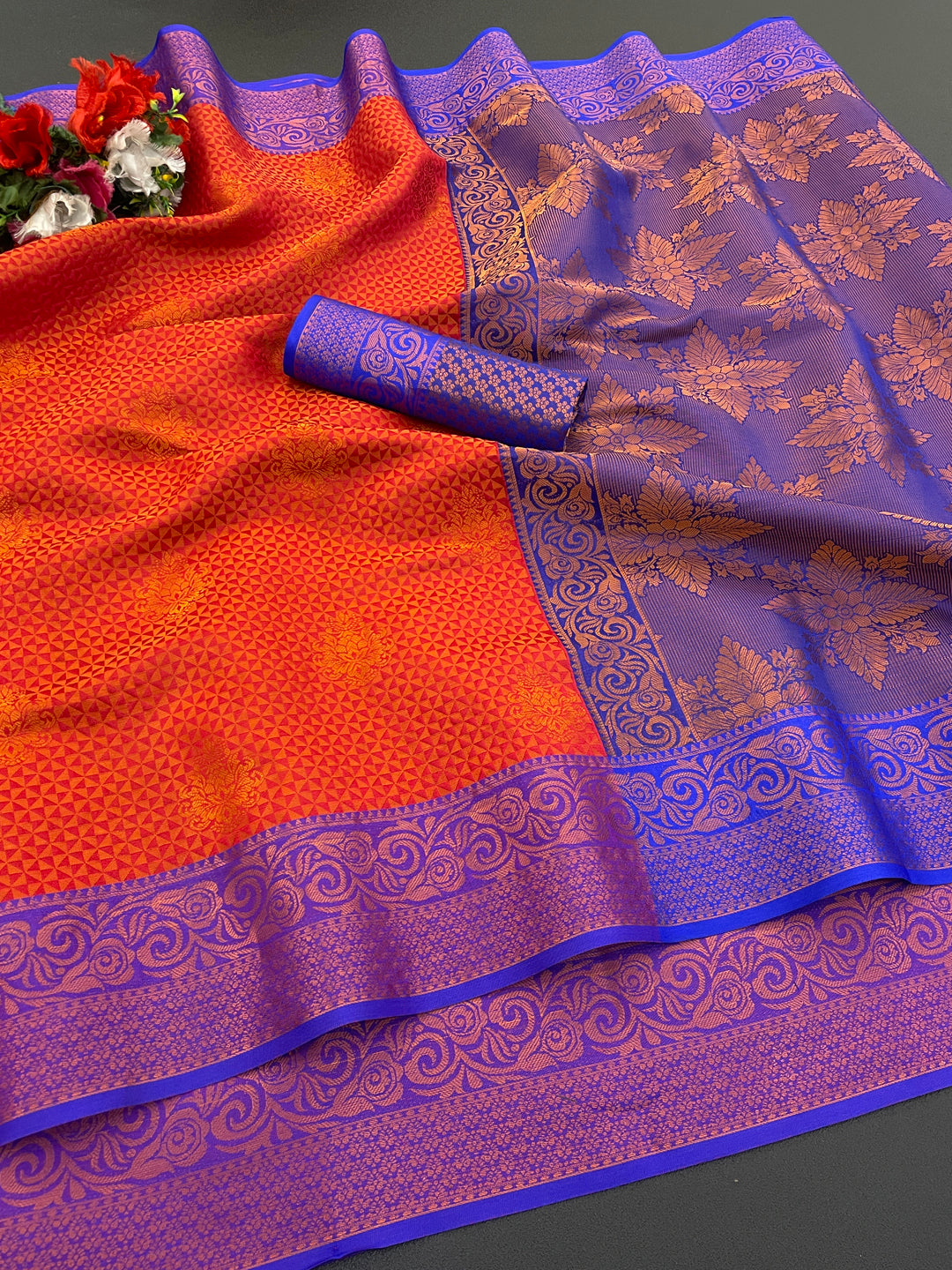 Woven Kanjivaram Soft Silk Copper Rich Pallu Saree