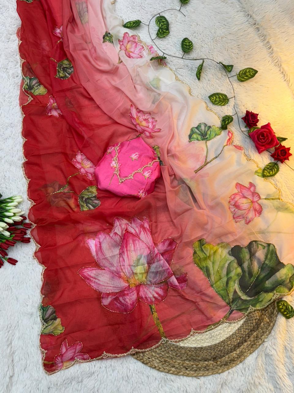 Celebrity Style Tabi Organza Saree with Padded Florals and Cut Dana Hand Work