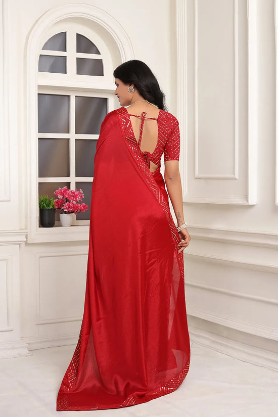 Pionex Ready To Wear Chinon Solid Saree With Embroidered Border