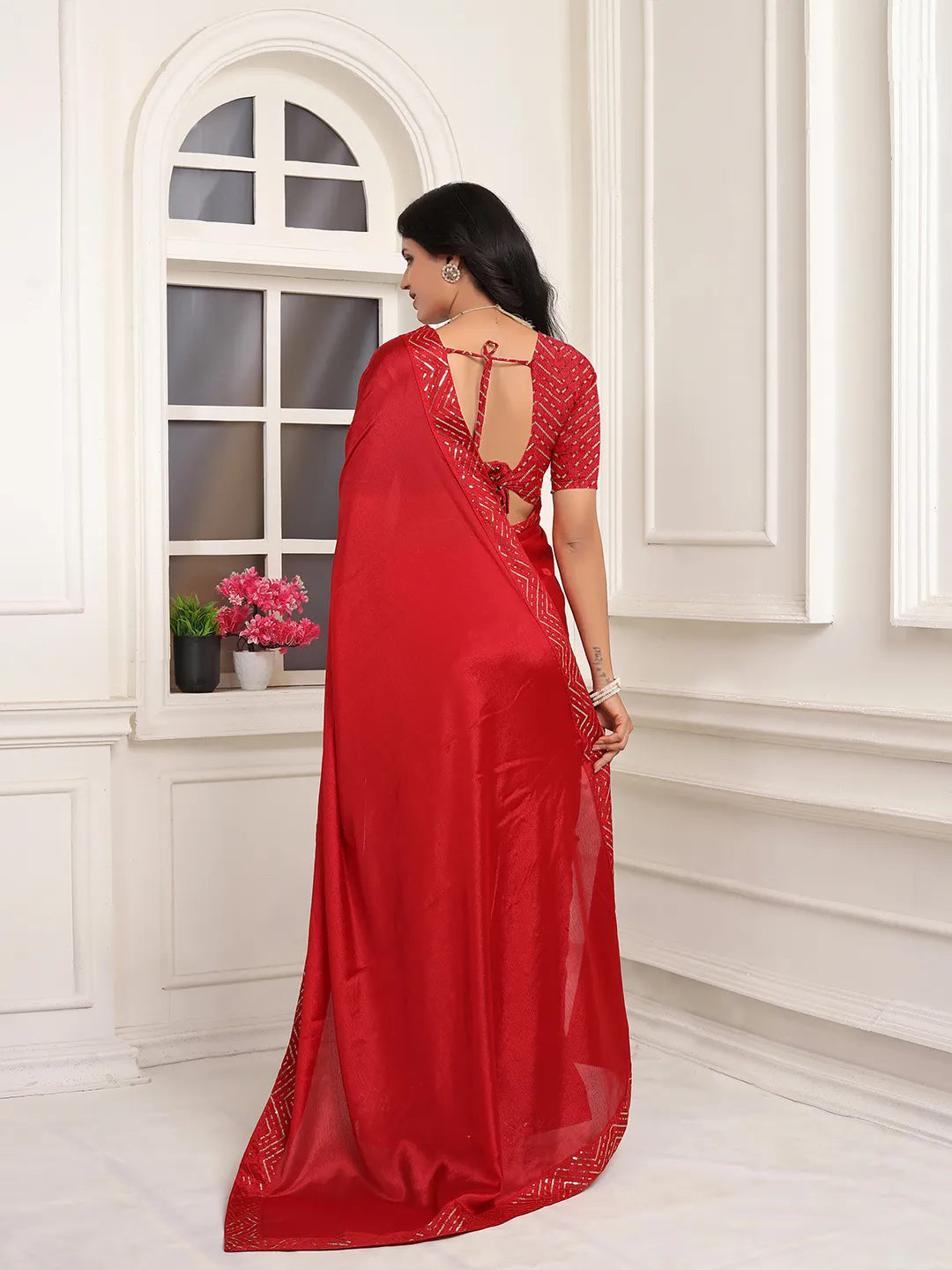 Pionex Ready To Wear Chinon Solid Saree With Embroidered Border