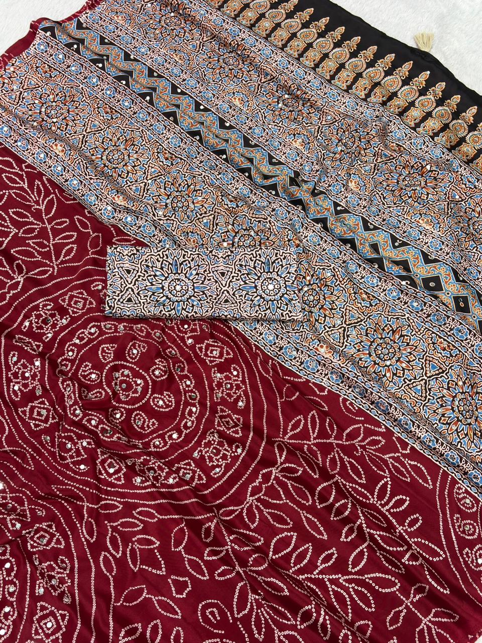 Soft Satin Ajrakh Printed Mirror Work Saree with Lace Border