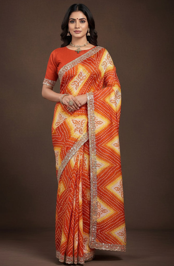 Bandhani Printed Chiffon Saree with Embroidered Border - Pionex Fab