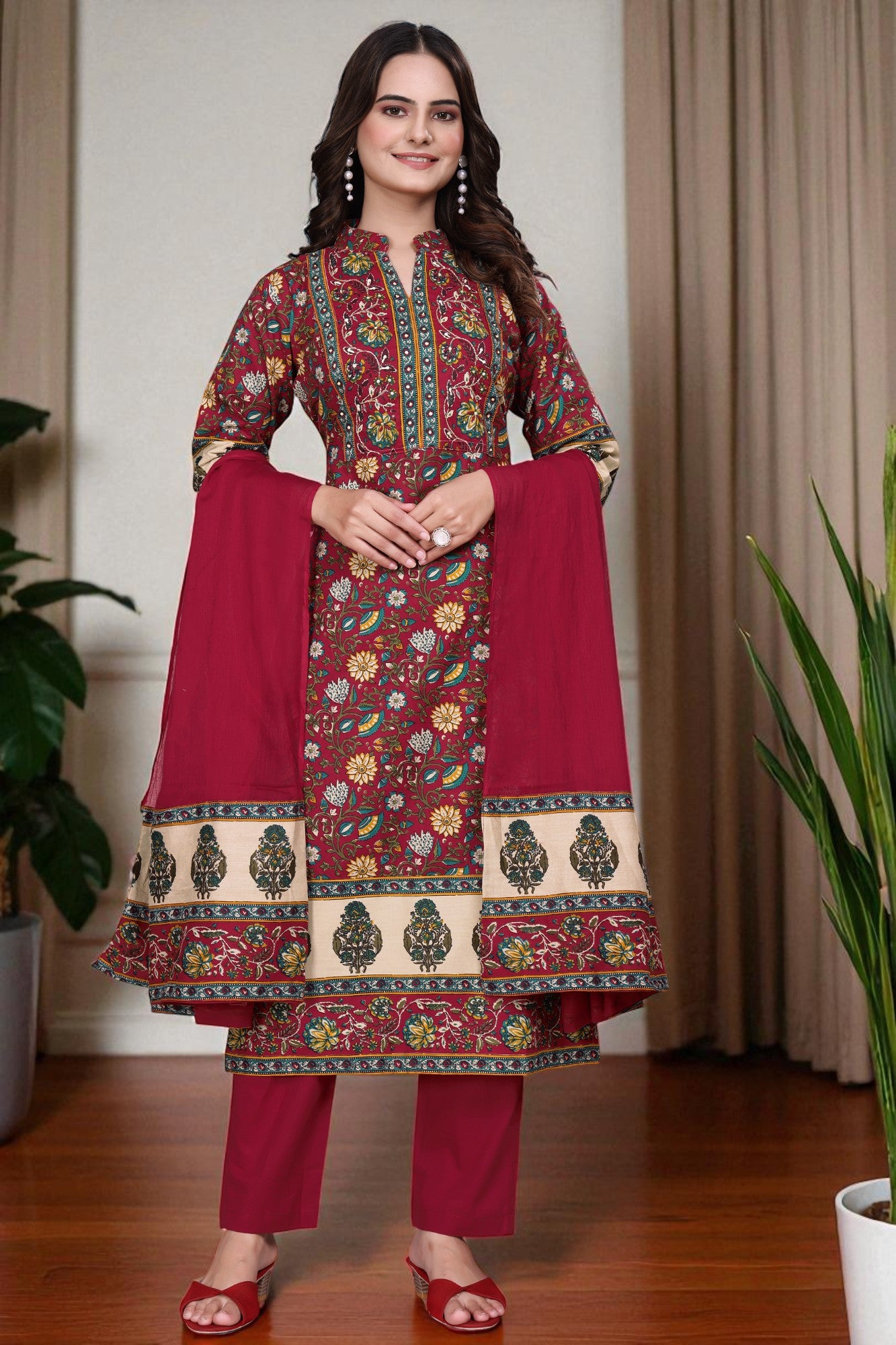 Women's Cotton Floral Printed Kurta Set with Dupatta