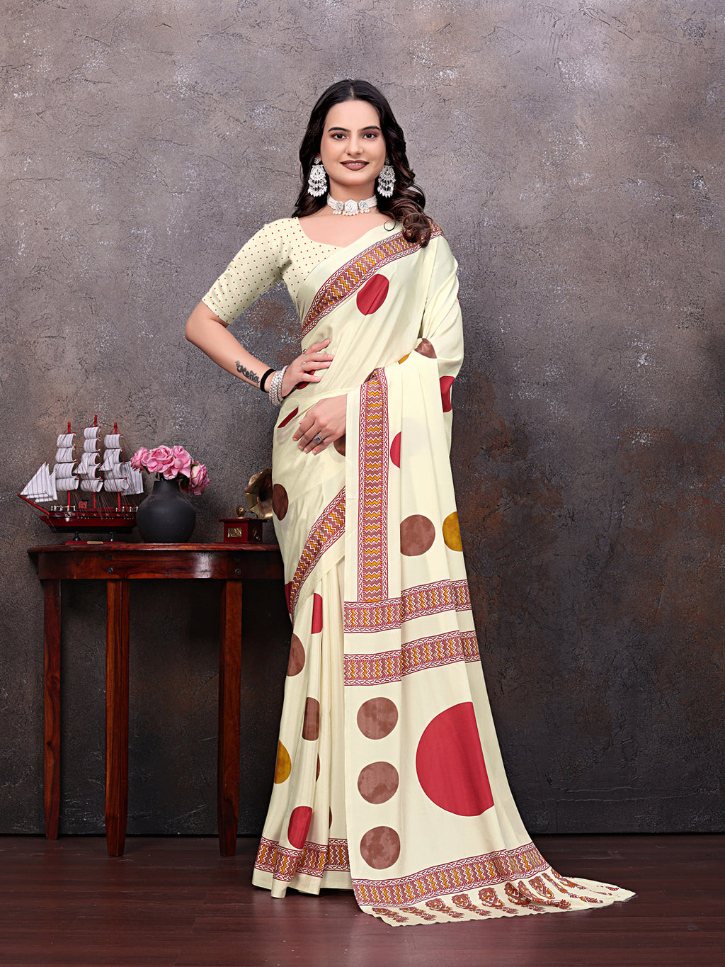 Crepe Silk Casual Wear Cream Color  Saree