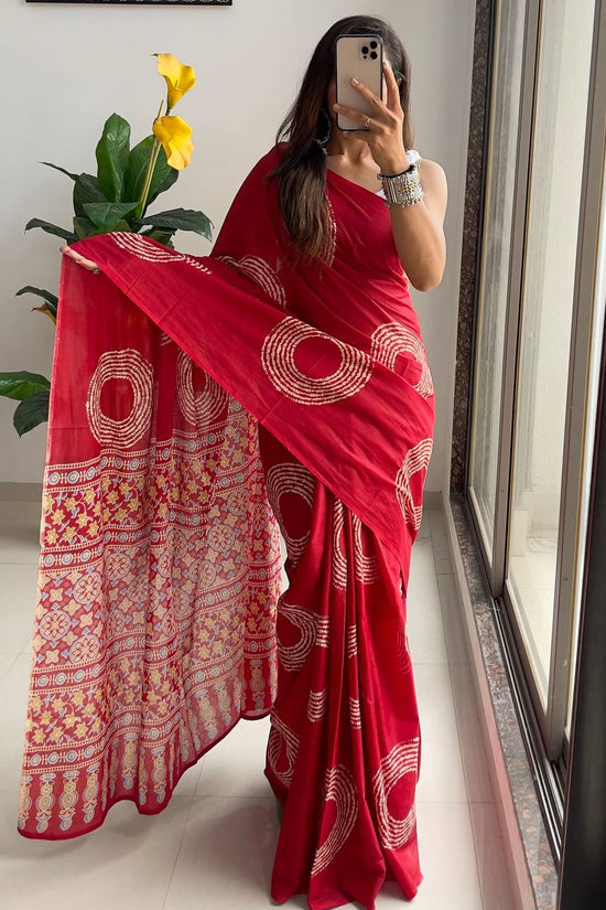 Ajrakh Bandhej Printed Mulmul Cotton Saree for Woman