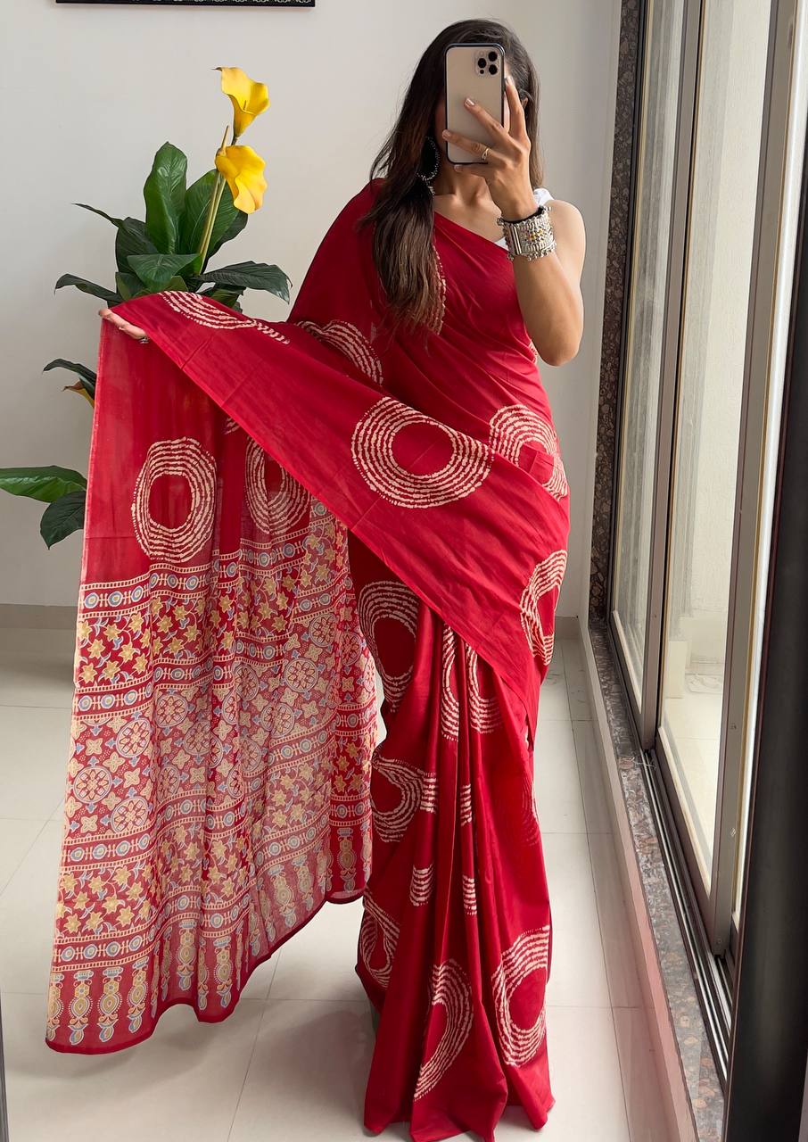 Ajrakh Bandhej Printed Mulmul Cotton Saree for Woman