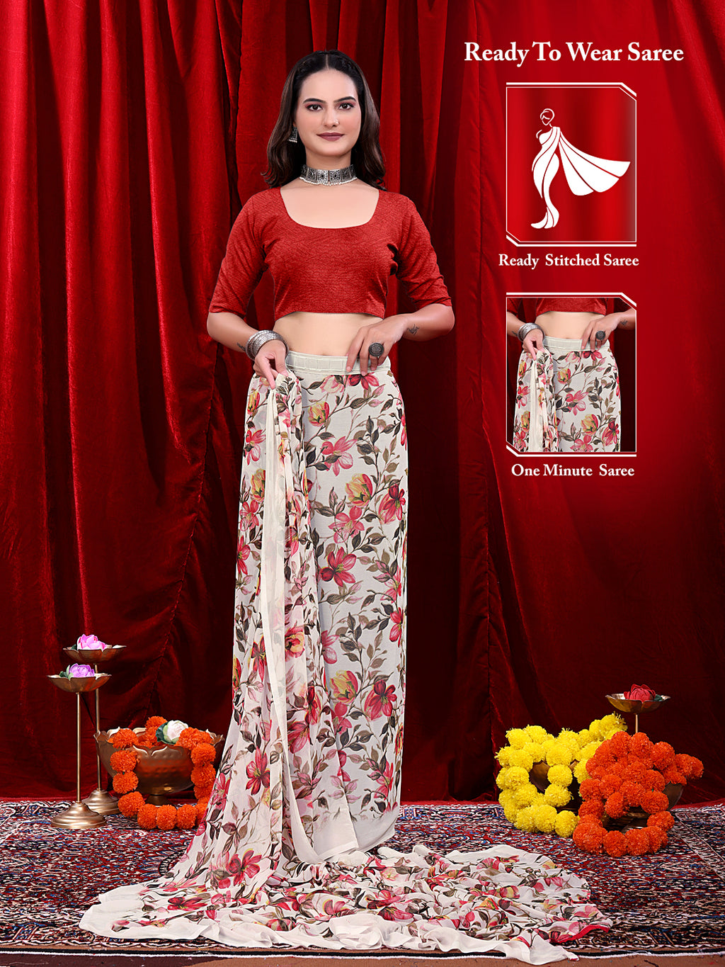 Ready-to-wear Floral Printed Georgette Saree