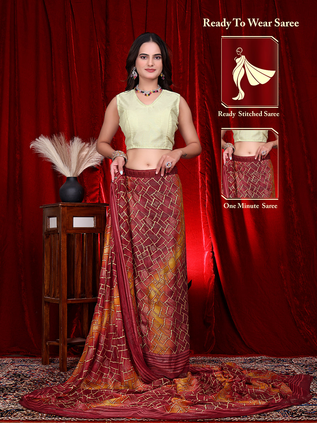 Heavy Chiffon Color Block Printed Ready-to-Wear Saree