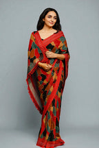 Abstract Printed Chiffon Saree With Border Siroski Diamond Work