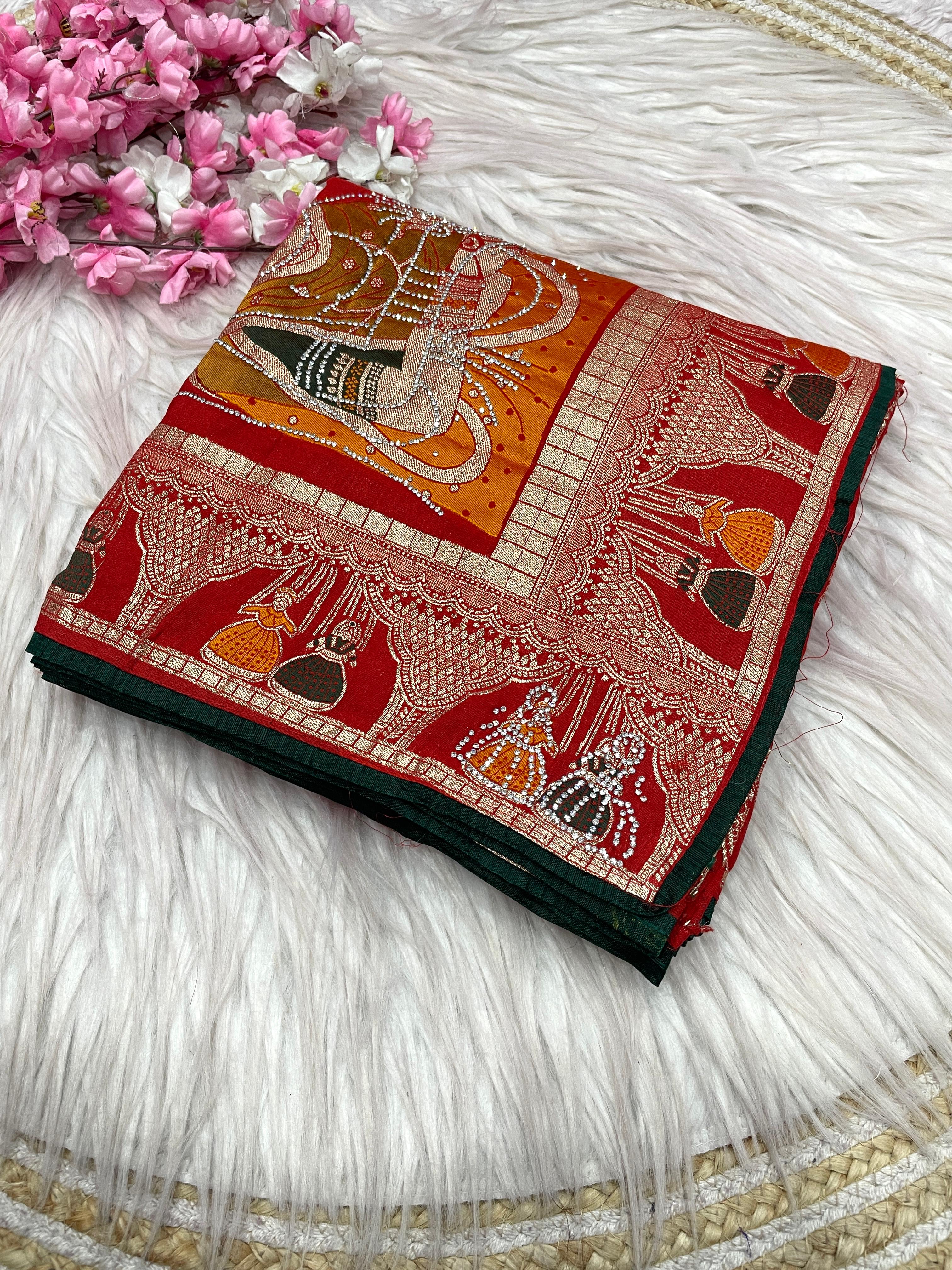 Dola silk Hand Deying Mena with Zarkhan Work Saree