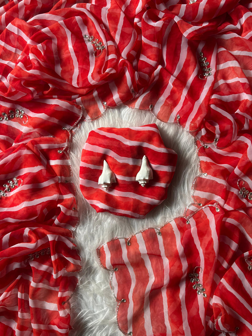 Designer Leheriya Print Georgette Saree with Handcrafted Cutdana and Diamond Work