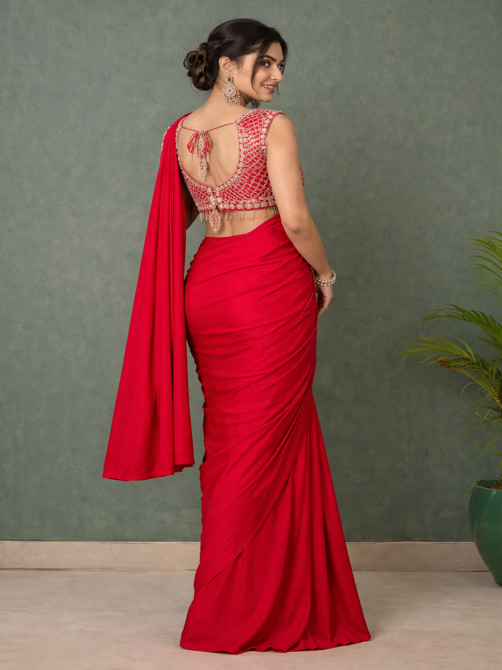 Ready to Wear Silk Crepe Saree with Heavy Embroidery Sequence Work Stitched Blouse