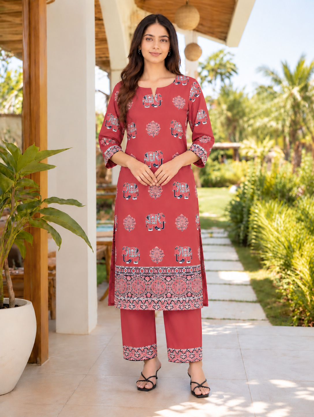 Soft cotton Ajrakh straight kurta set – red
