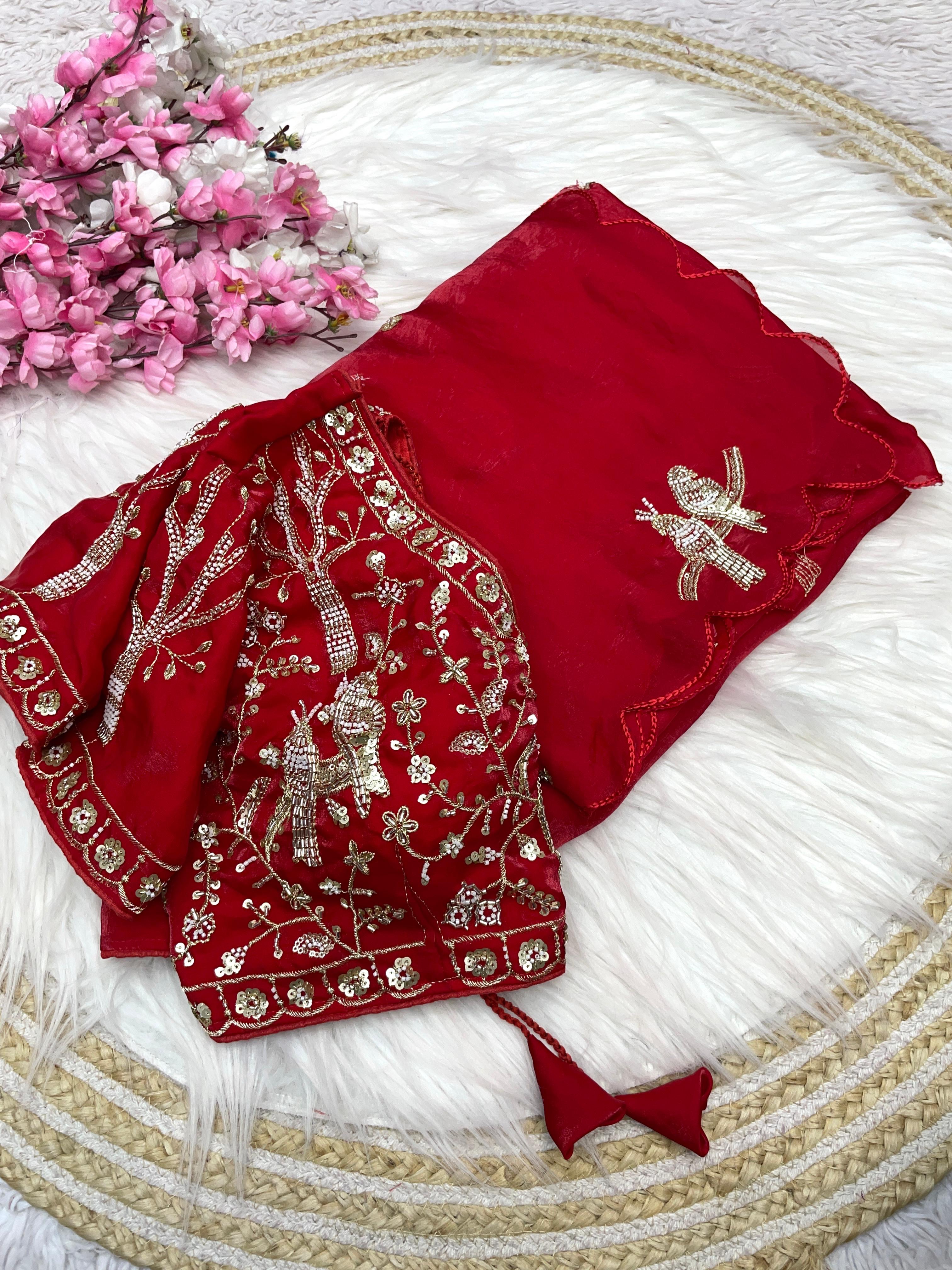 Satin Saree with Heavy Beaded Work Stitched Blouse