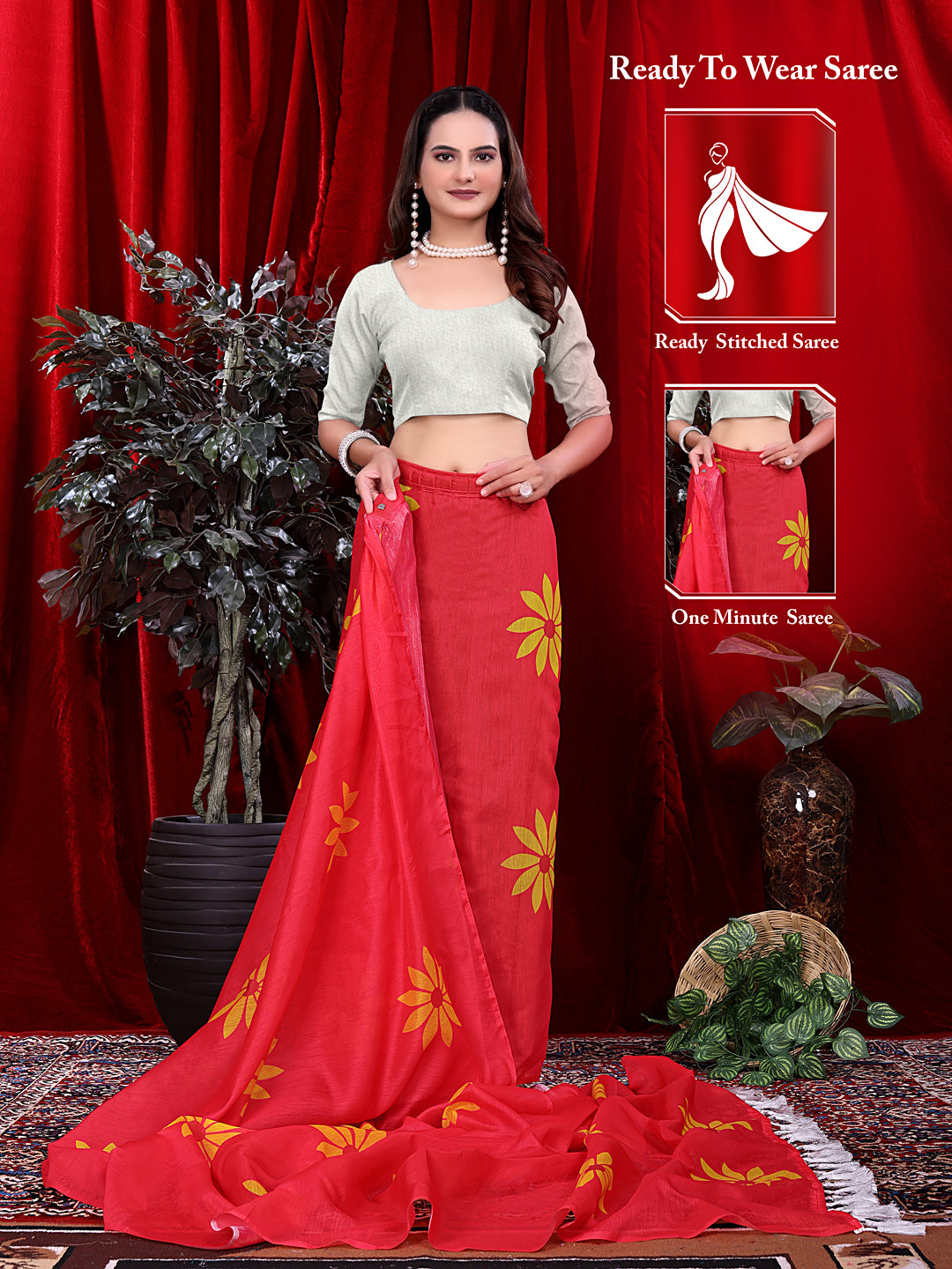 Ready To Wear Floral Print Handloom Pure Linen Saree