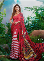 Red Silk Crepe Designer Saree with Tiger Print Pallu and Striped Pleats