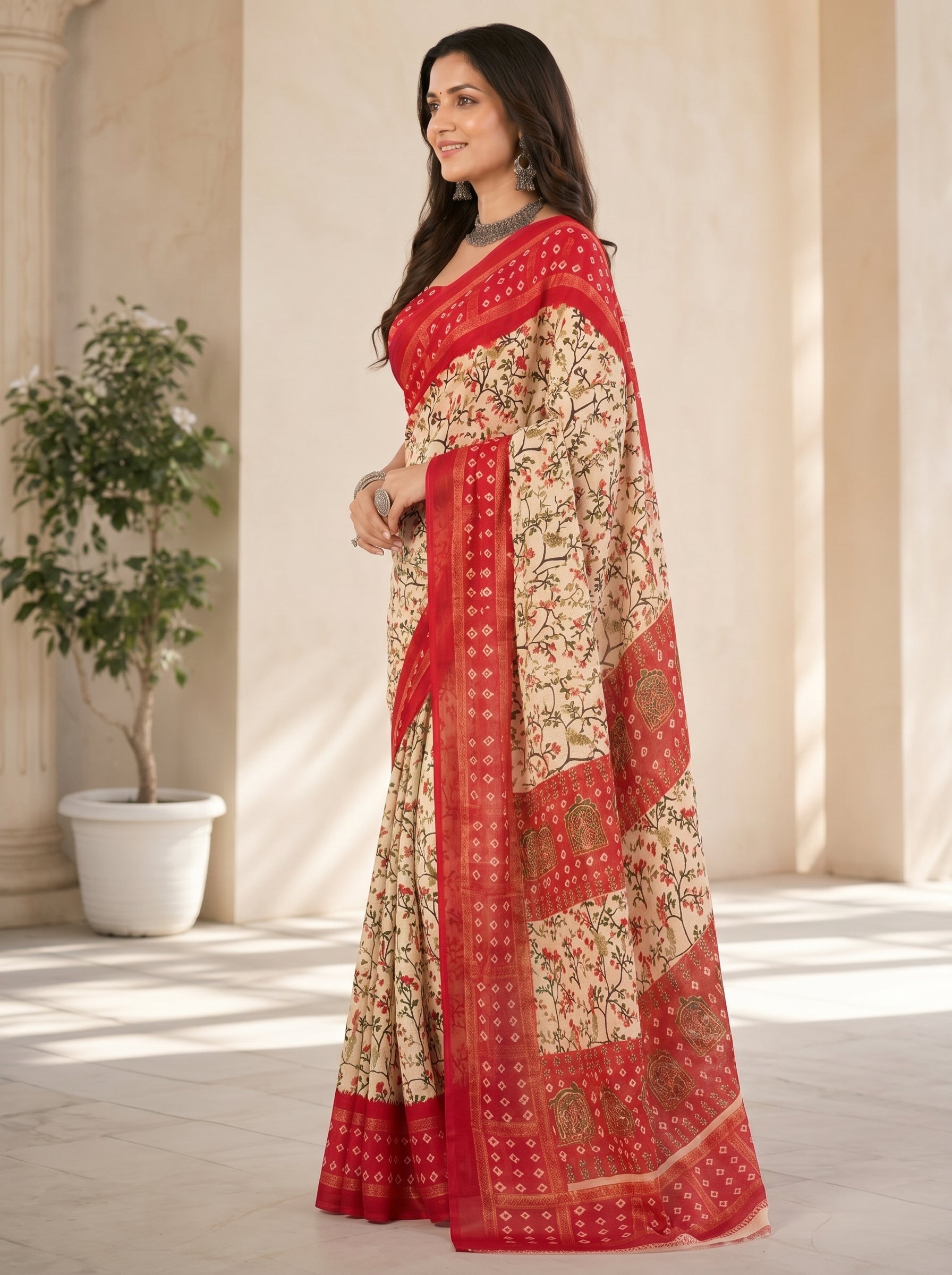 Women Printed Moss Chiffon Saree with Zari Border