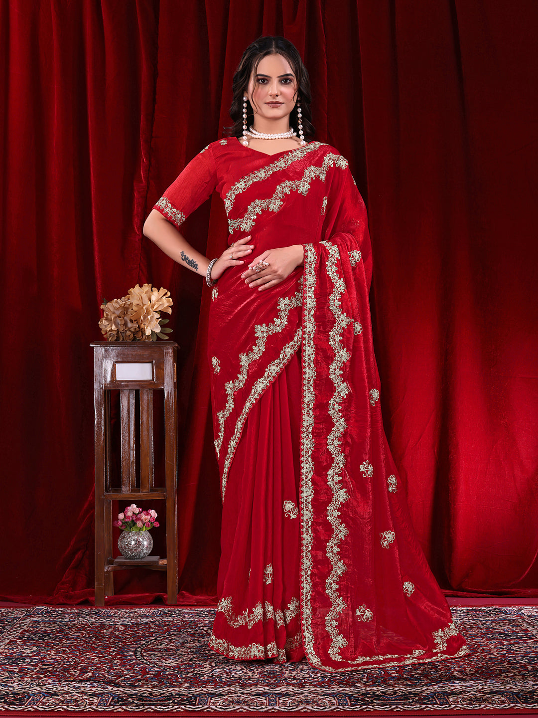 Traditional Embroidered Satin Silk Saree