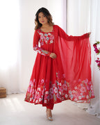 Women Floral Printed Organza Silk Flared Anarkali Kurta Set