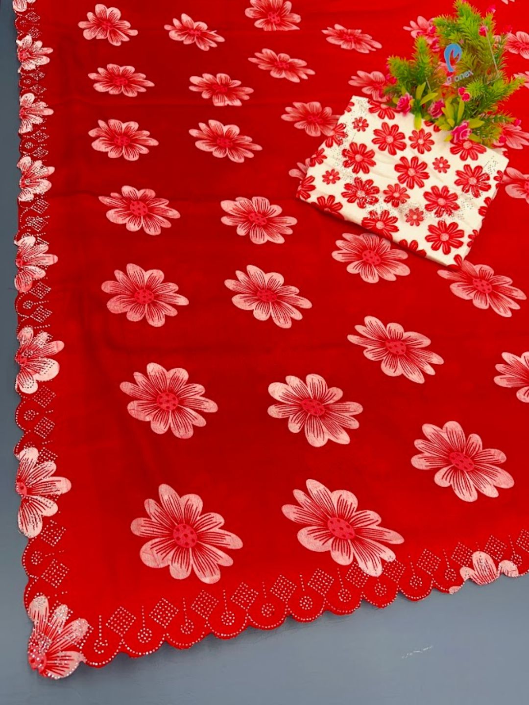 Chinon Floral Print Saree with Siroski Diamond Border & Printed Blouse Piece